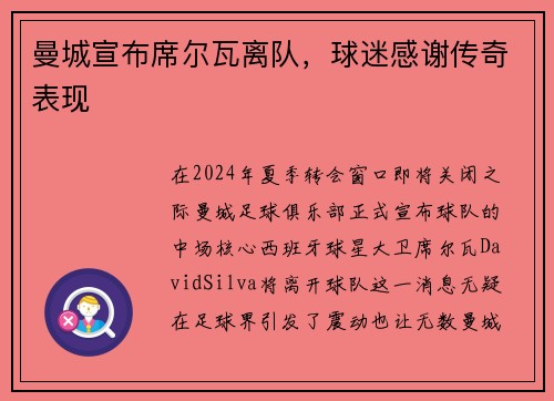 曼城宣布席尔瓦离队，球迷感谢传奇表现